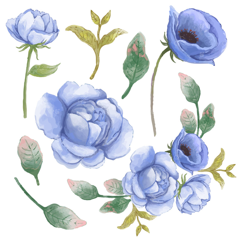 دسته گل زیبا و برگ های تزئینی به سبک آبرنگی