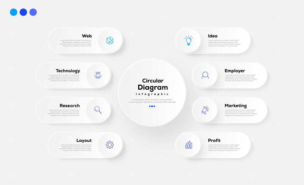 قالب طراحی وکتور اینفوگرافیک و نمودار دایره‌ای ۸ مرحله‌ای مدرن، مینیمال، شیک، تمیز و قابل ویرایش