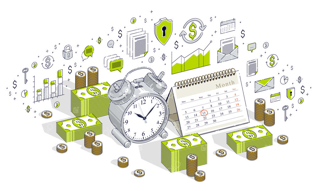 مفهوم ضرب‌الاجل: ساعت زنگ‌دار و تقویم در کنار پشته‌های پول نقد، تصویر سه‌بعدی ایزومتریک کسب‌وکار با آیکون‌ها و نمودارهای آماری.