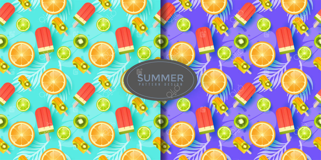 طرح رنگارنگ تابستانی با میوه‌های استوایی و بستنی