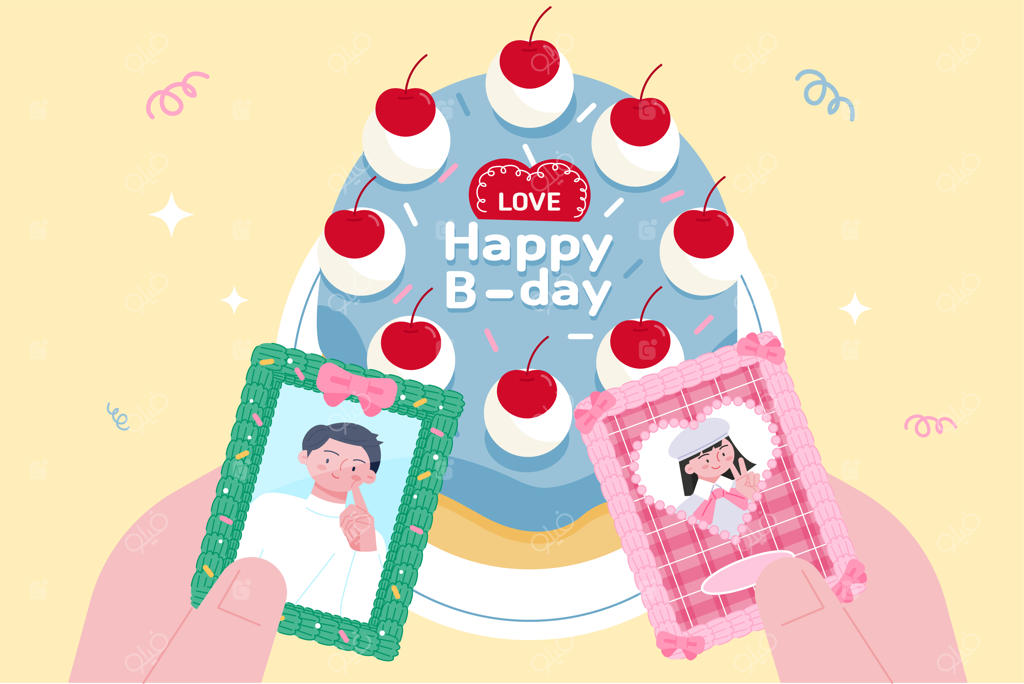 دستی که کیک تولد و کارت عکس را نگه داشته است