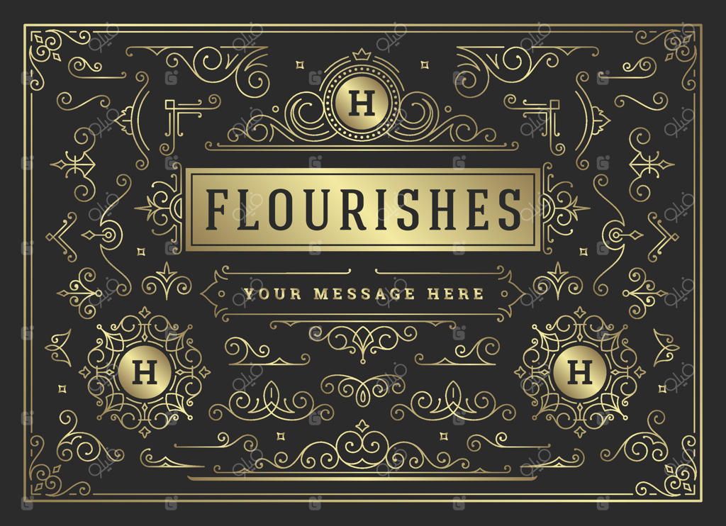 مجموعه‌ای از عناصر طراحی و تزئینات قدیمی شامل پیچ و تاب‌ها و رول‌ها