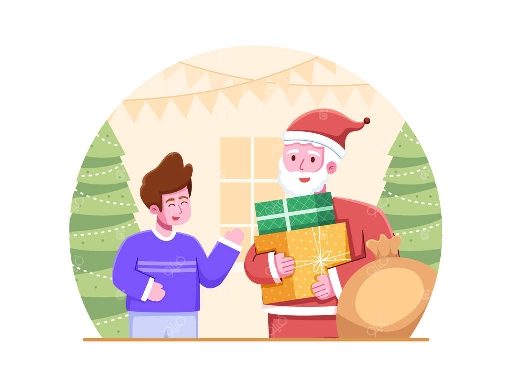 تصویر کارتونی از بابانوئل که به پسربچه‌ای هدیه کریسمس می‌دهد