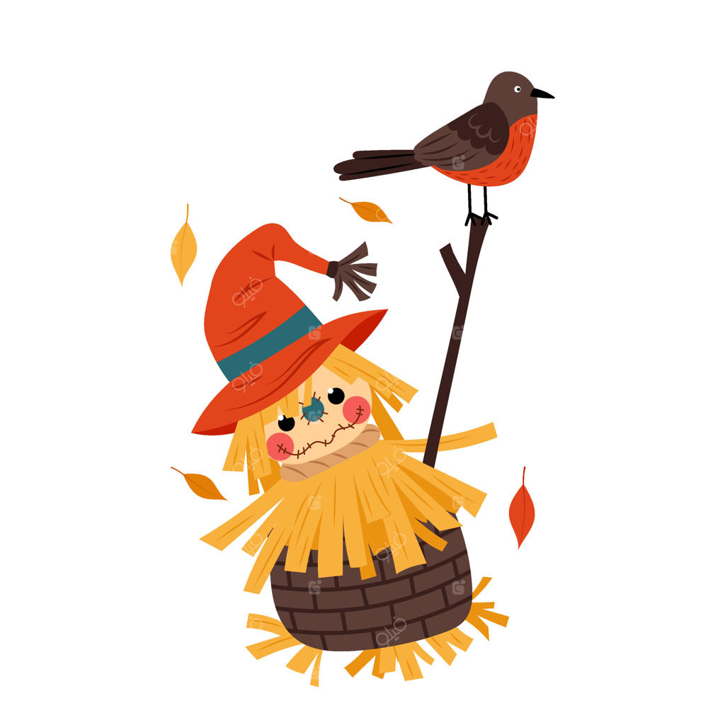 مترسک بامزه باغ. مترسکی از کاه، نیمی درون یک سبد حصیری. پرنده‌ای روی چوب نشسته است. دکور باغ، روستا، مزرعه یا کلبه. تصویرسازی کودکانه از مترسک.