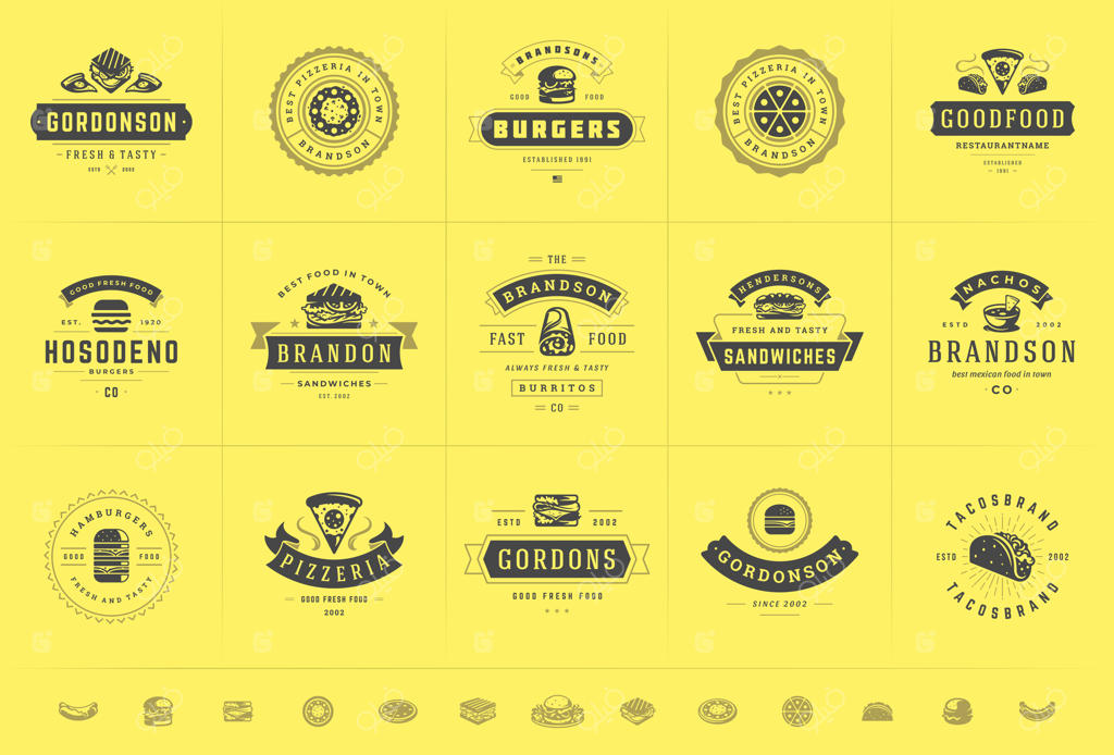 تصاویر لوگو فست فود مناسب برای پیتزا فروشی یا برگر فروشی و نشان‌های منوی رستوران با طرح غذا