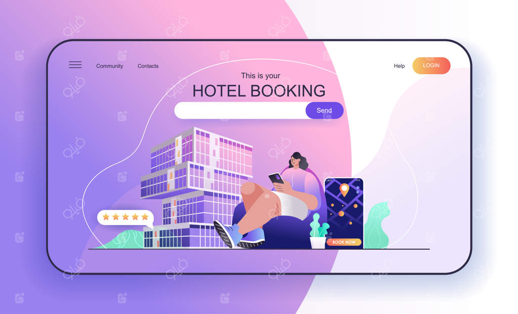 مفهوم رزرو هتل برای صفحه فرود: مسافر اتاق یا آپارتمان را در اپلیکیشن موبایل رزرو می‌کند