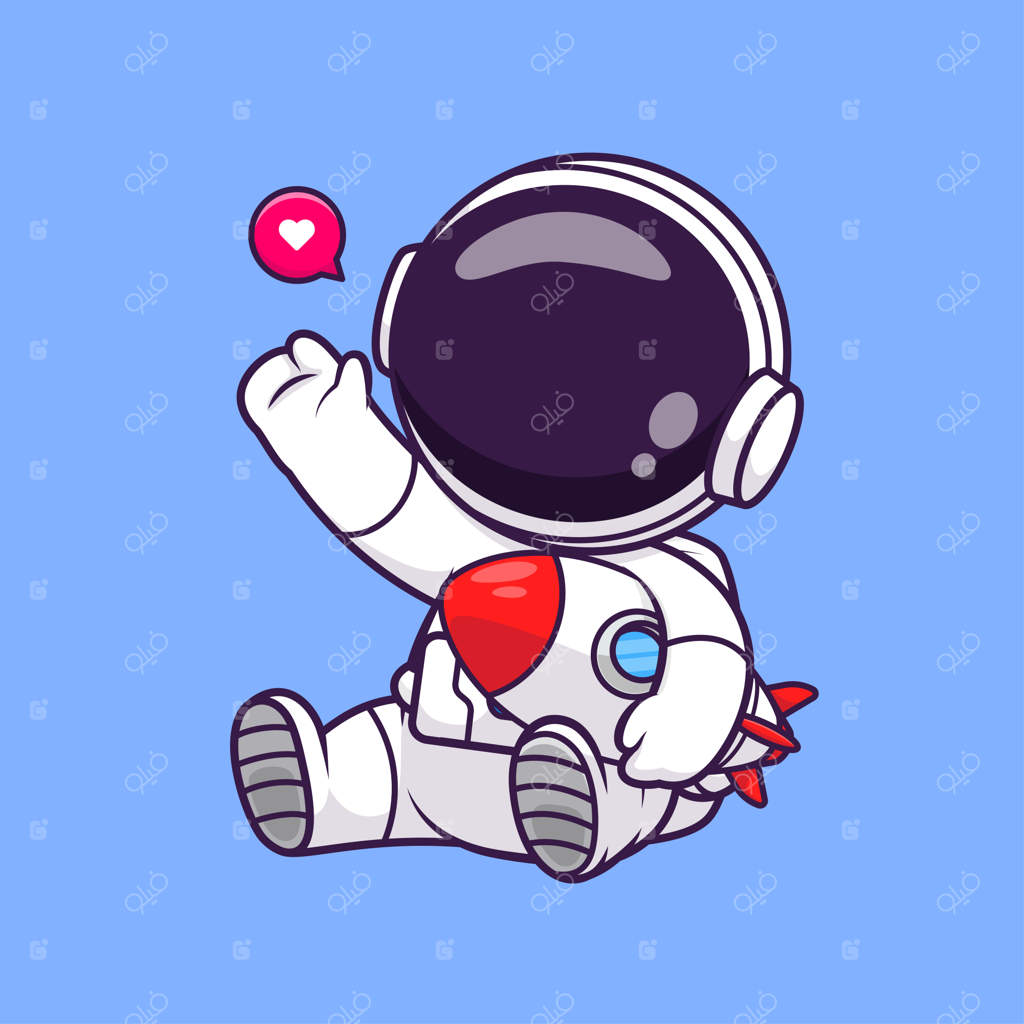 تصویر وکتوری کارتونی از فضانورد بامزه در حال گرفتن موشک. نماد علم و فناوری مجزا