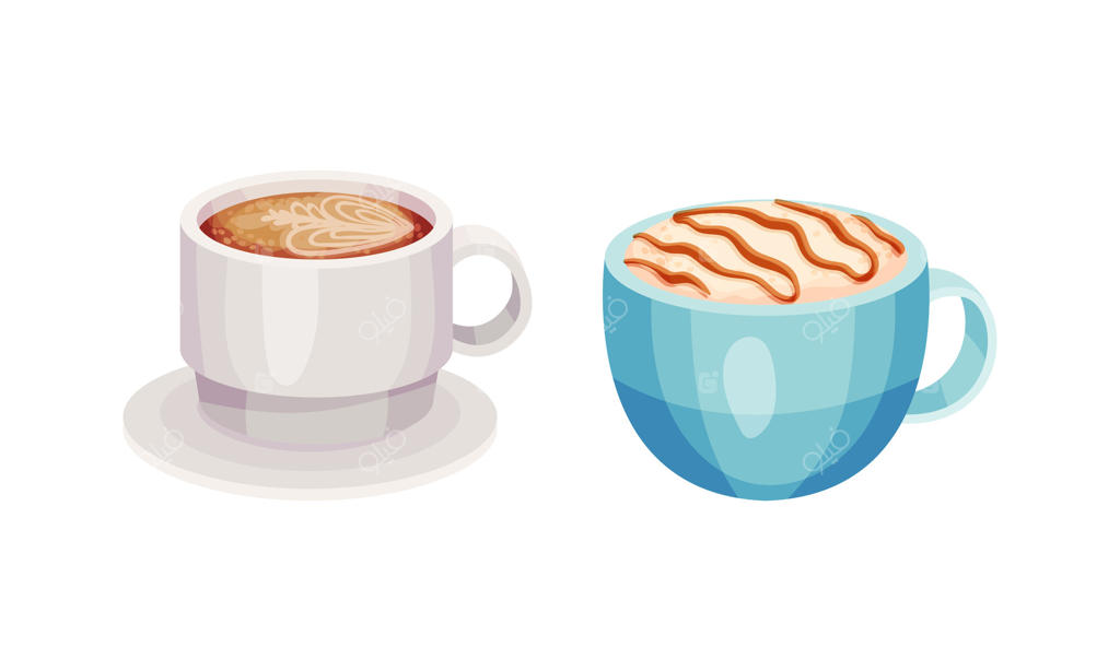 مجموعه فنجان‌های قهوه: نوشیدنی داغ و معطر در فنجان‌های سرامیکی - تصویر سازی