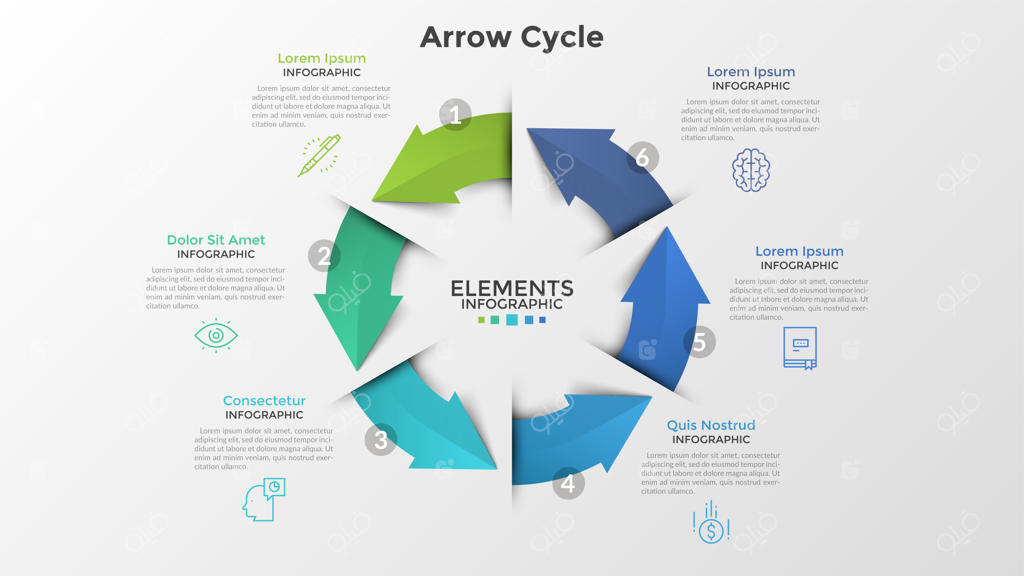 نمودار دایره‌ای با شش فلش رنگی، آیکون‌های خطی و فضای متنی: مفهوم چرخه تولید شش مرحله‌ای بسته. طراحی اینفوگرافیک خلاقانه برای بروشور.