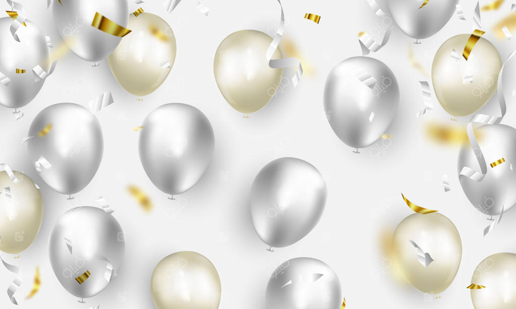 بنر جشن با زمینه بادکنک‌های سفید. تصویرسازی حراج. کارت افتتاحیه باشکوه و تبریک ویژه.