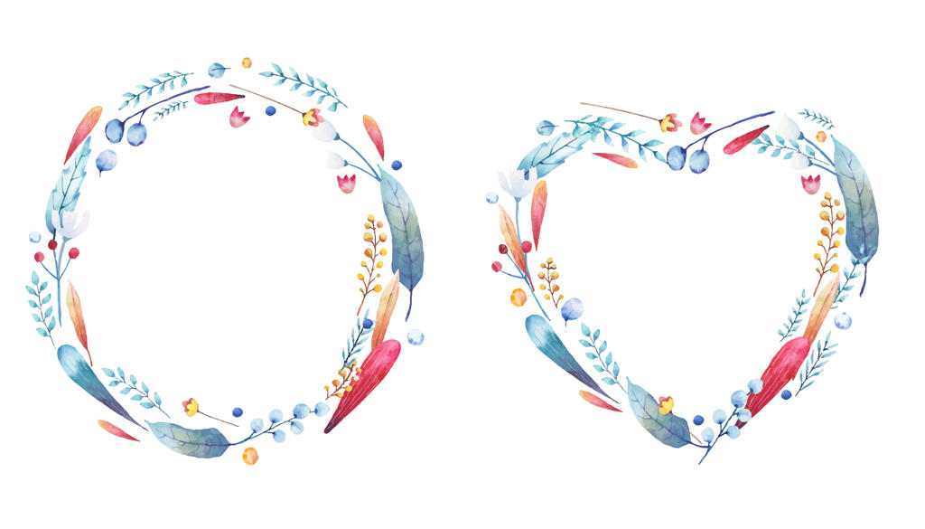قلب و دایره با گل‌ها و شاخه‌های آبرنگی