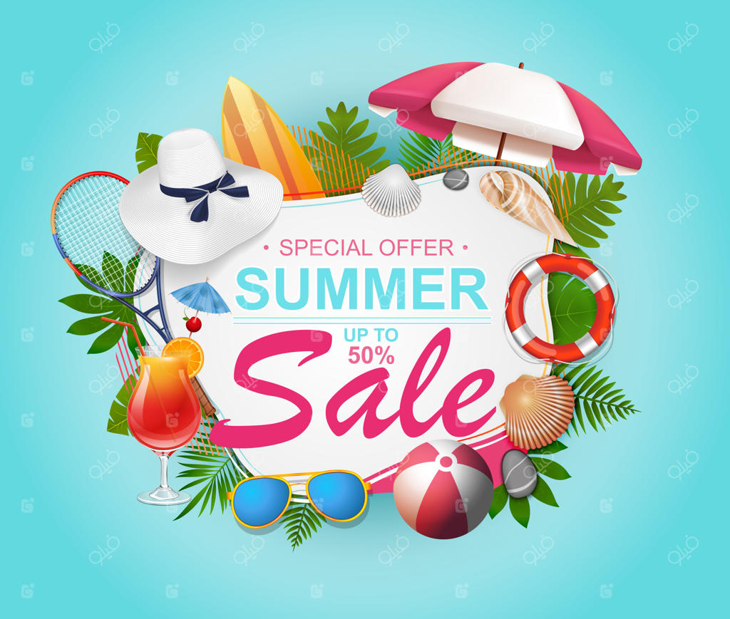 بنر حراج تابستانی با برگ نخل و طرح‌های رنگارنگ ساحلی