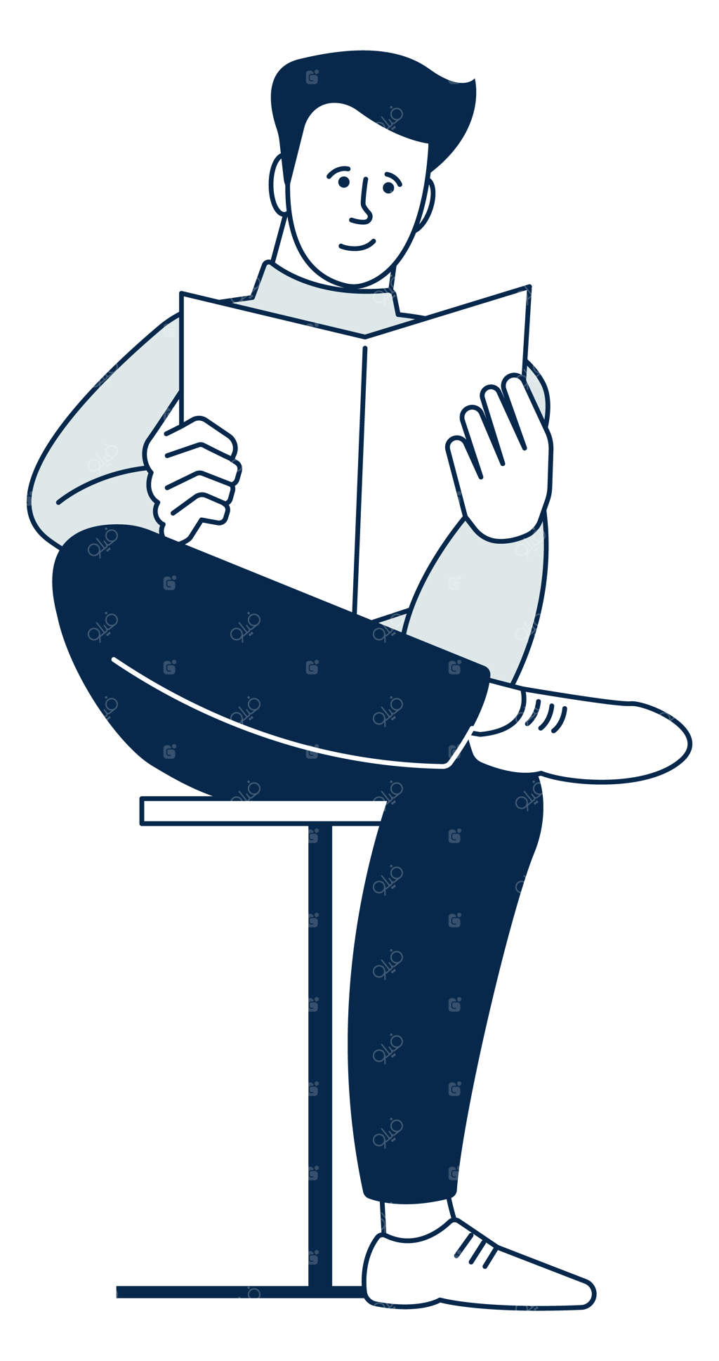 نشستن جوان در حال خواندن کتاب: نماد عاشق کتاب روی پس‌زمینه سفید