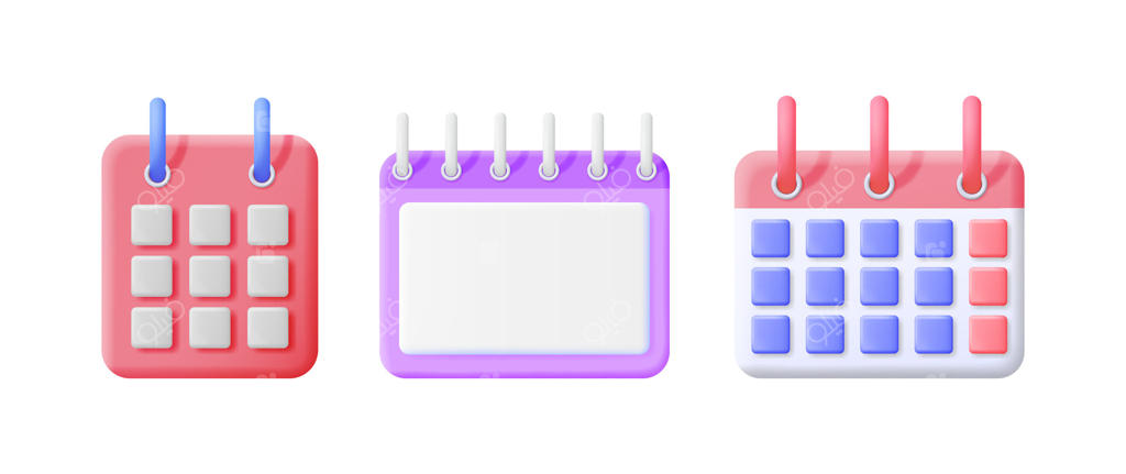 سه آیکون تقویم به سبک کارتونی سه‌بعدی بر روی پس‌زمینه سفید نمایش داده شده‌اند. مفهوم مدیریت زمان و برنامه‌ریزی برای زمان‌بندی.