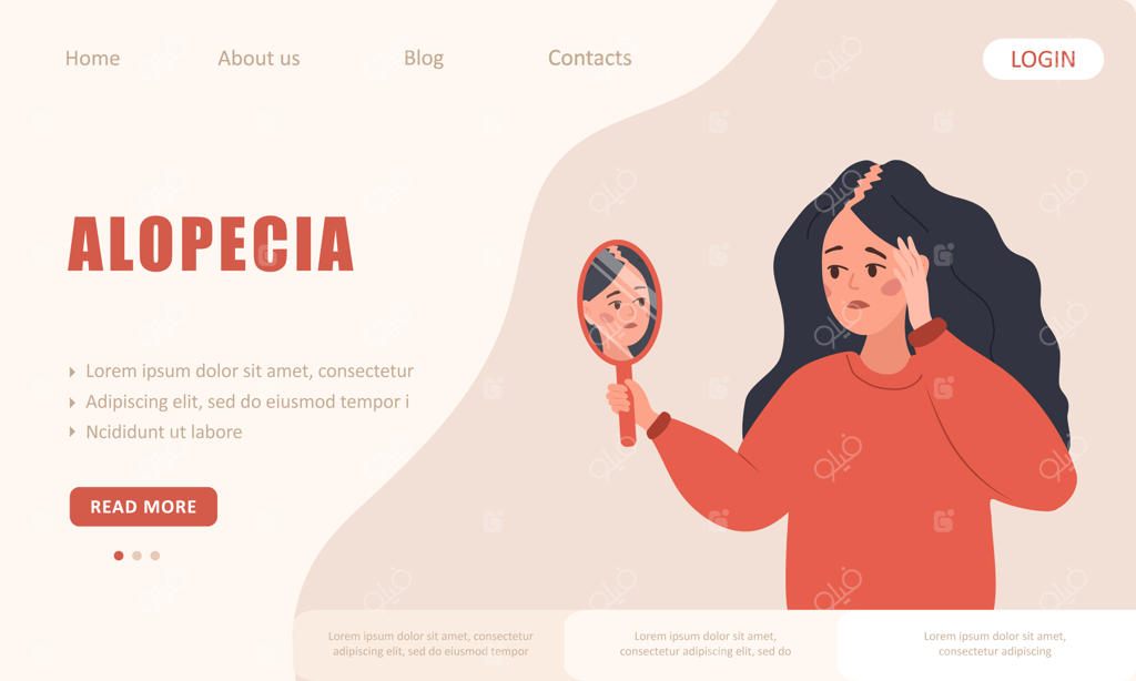 قالب صفحه فرود با موضوع ریزش مو؛ تصویر وکتور زن غمگین مبتلا به طاسی و مشکلات پوست سر همراه با آینه به سبک کارتونی تخت