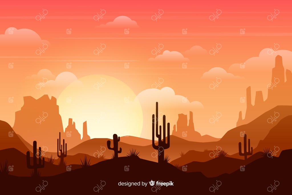 بیابان با خورشید درخشان و کاکتوس‌های بلند