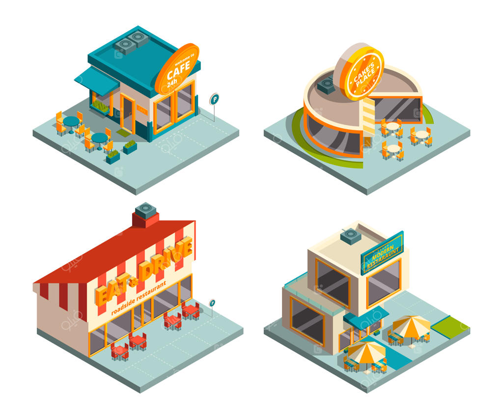 ساختمان‌های کافه شهری. تصاویری ایزومتریک