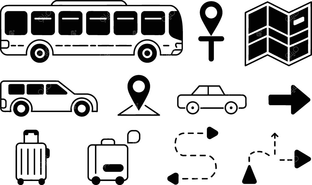نمادهای حمل‌ونقل و سفر شامل اتوبوس، ماشین، نقشه، مکان‌یاب، چمدان و جهت‌یاب‌ها با طراحی مینیمالیستی سیاه و سفید