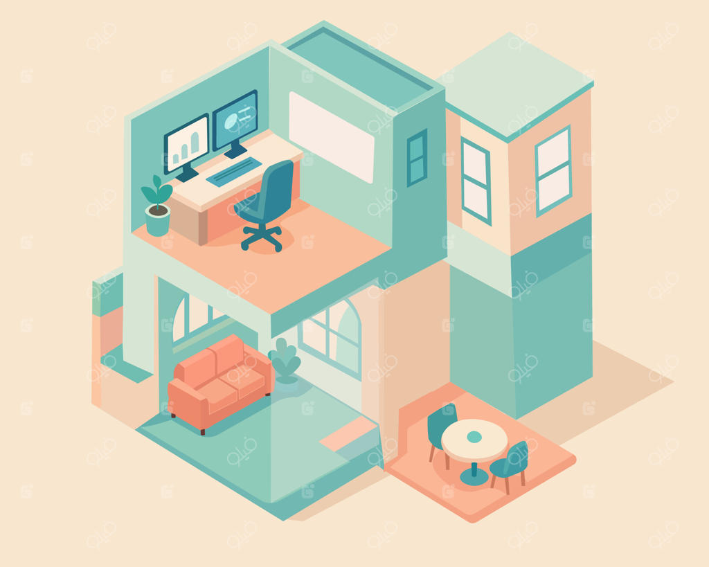 یک تصویر جذاب نگاهی به خانه‌ای مدرن را به نمایش می‌گذارد و اتاق‌های متصل و فضاهای دلپذیر را در نمای ایزومتریک نشان می‌دهد.