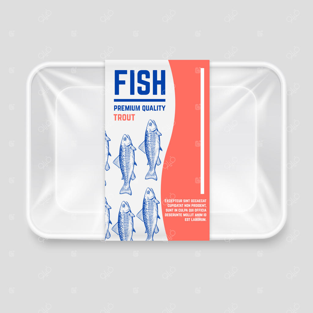 ظرف پلاستیکی واقعی با برچسب ماهی طراحی دستی