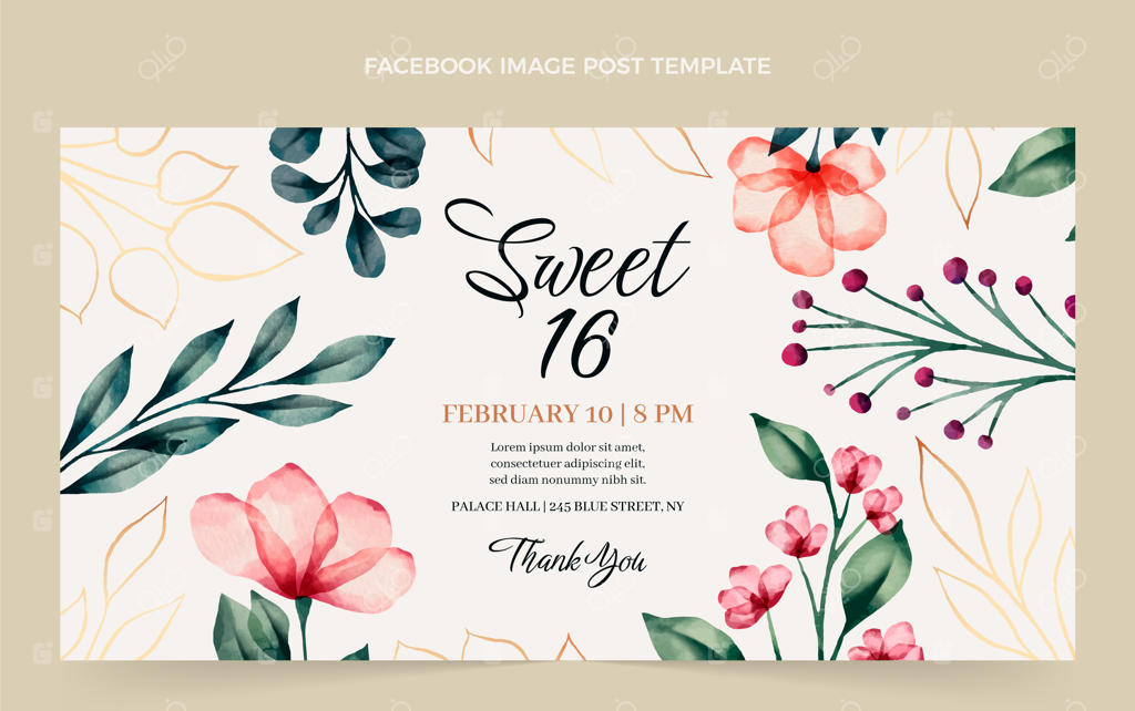 قالب پست شبکه‌های اجتماعی برای جشن تولد شانزده‌سالگی با طراحی آبرنگی