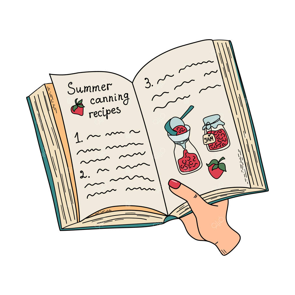 دست کتابی را باز نگه داشته است - خواندن کتاب دستور تهیه کنسرو - مفهوم انتخاب دستور غذا
