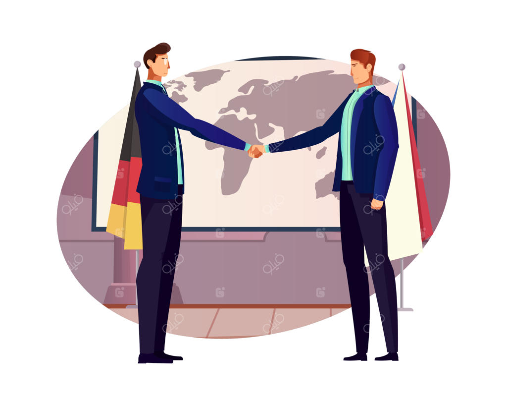 ترکیب صحنه‌ای دیپلماسی با دو شخصیت در حال دست‌دادن در کنار نقشه جهان و پرچم‌ها