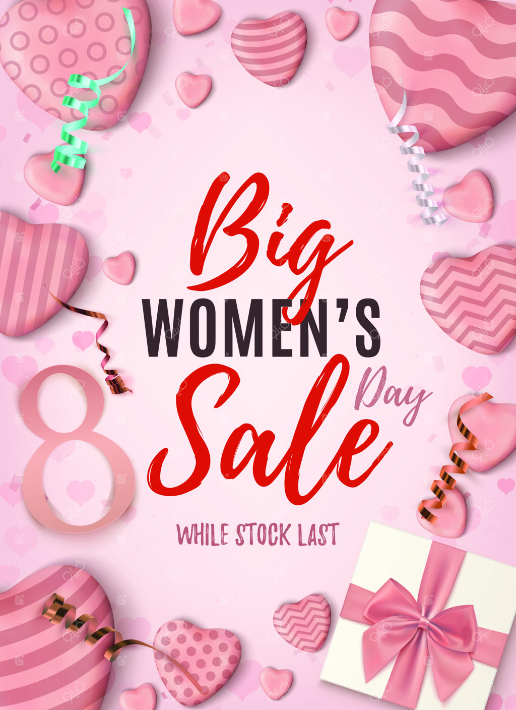 پوستر عمودی حراج بزرگ روز زن. طرح انتزاعی صورتی با قلب‌های آب‌نباتی واقعی، پاپیون آبی، روبان و جعبه هدیه.