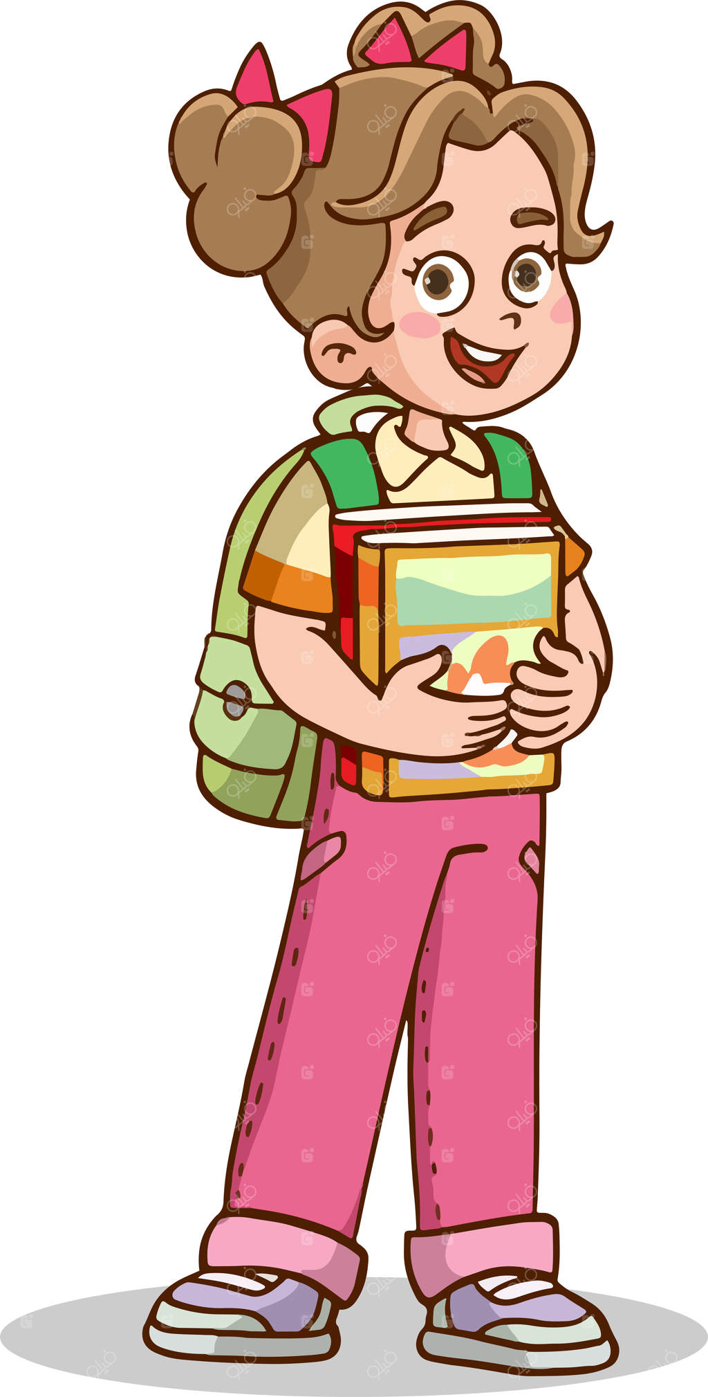 دختر بچه‌ بامزه آماده مدرسه با کتاب و کیفش