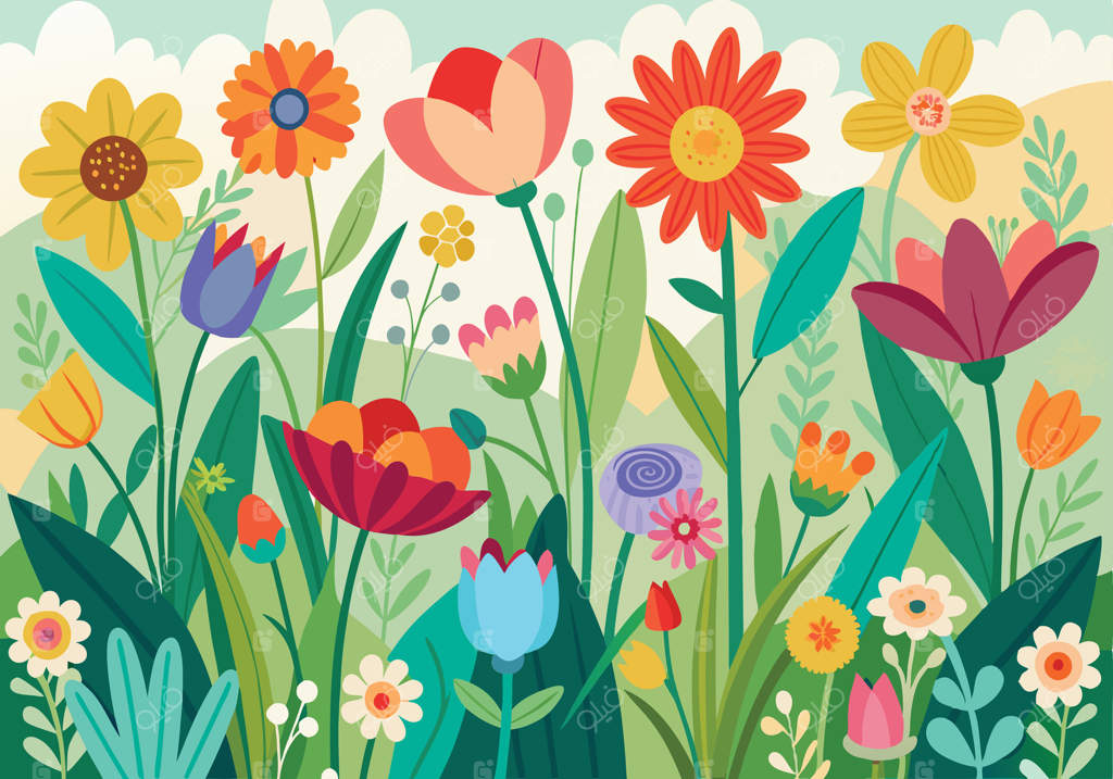 باغ شگفت‌انگیز بهاری: گل‌های رنگارنگ، برگ‌های سرسبز، شکوفه‌های زیبا