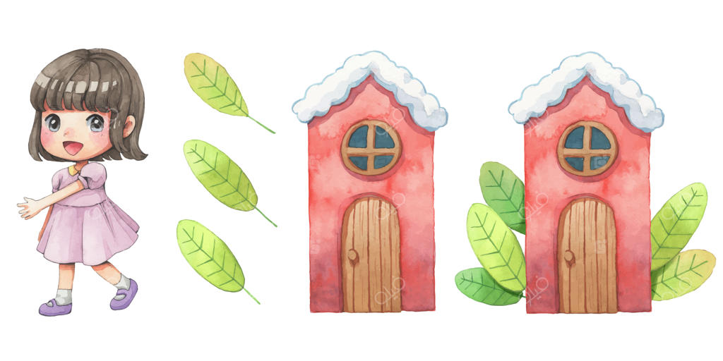 دختر بامزه، خانه و برگ‌ها به سبک آبرنگ کارتونی