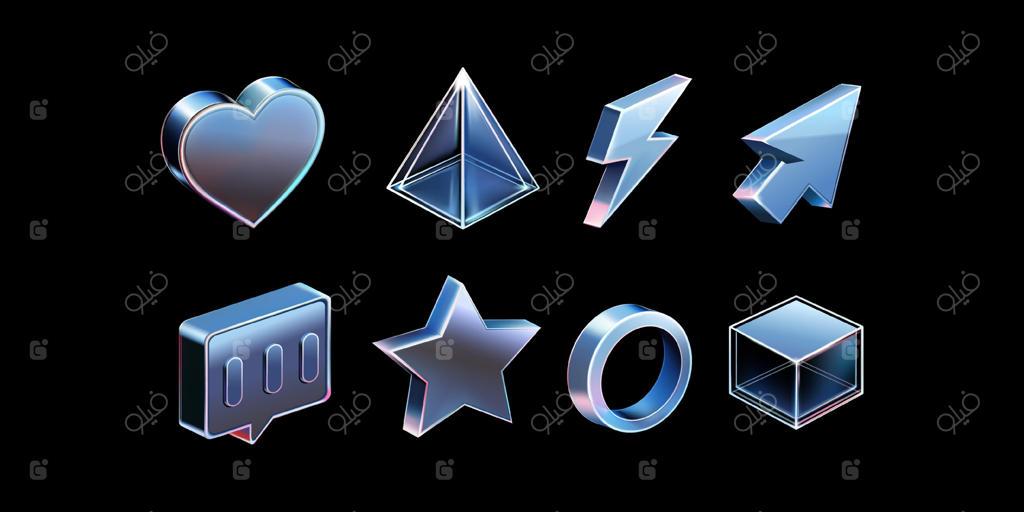 عناصر نمادی سه‌بعدی شیشه‌ای: قلب، مثلث، صاعقه، فلش، چت، ستاره، دایره و مربع. مناسب برای طراحی عنصرها