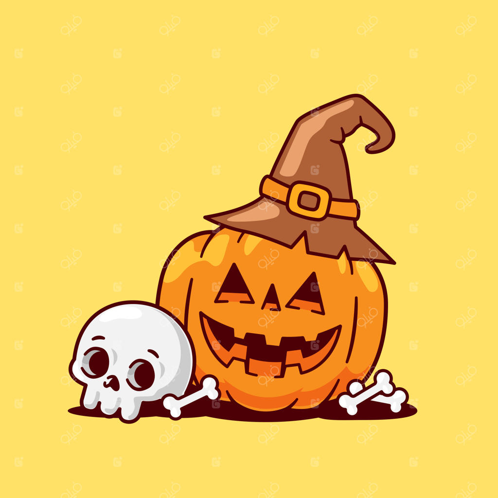 تصویرسازی کارتونی آیکون کدو تنبل جادوگر و جمجمه