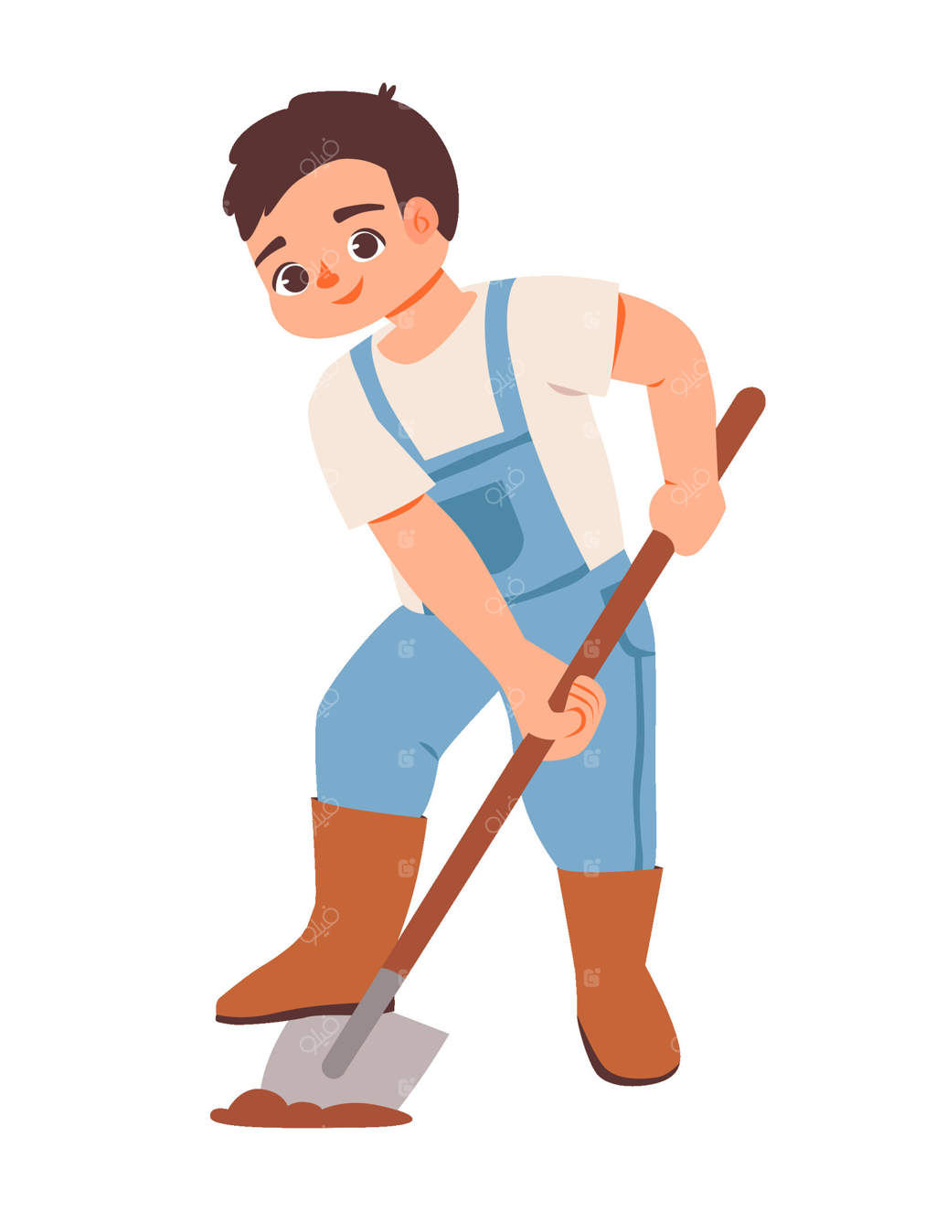 کودکی با بیلچه در حال برداشت محصول بهاری. تصاویر صاف وکتور جدا شده روی پس‌زمینه سفید