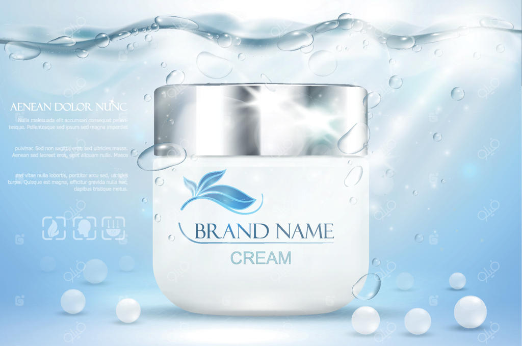 کرم مرطوب‌کننده آکوا. قالب تبلیغات واقعی زیر آب به رنگ آبی. تبلیغ محصولات مراقبت پوست. لوسیون آبرسان صورت. تصویرسازی وکتور