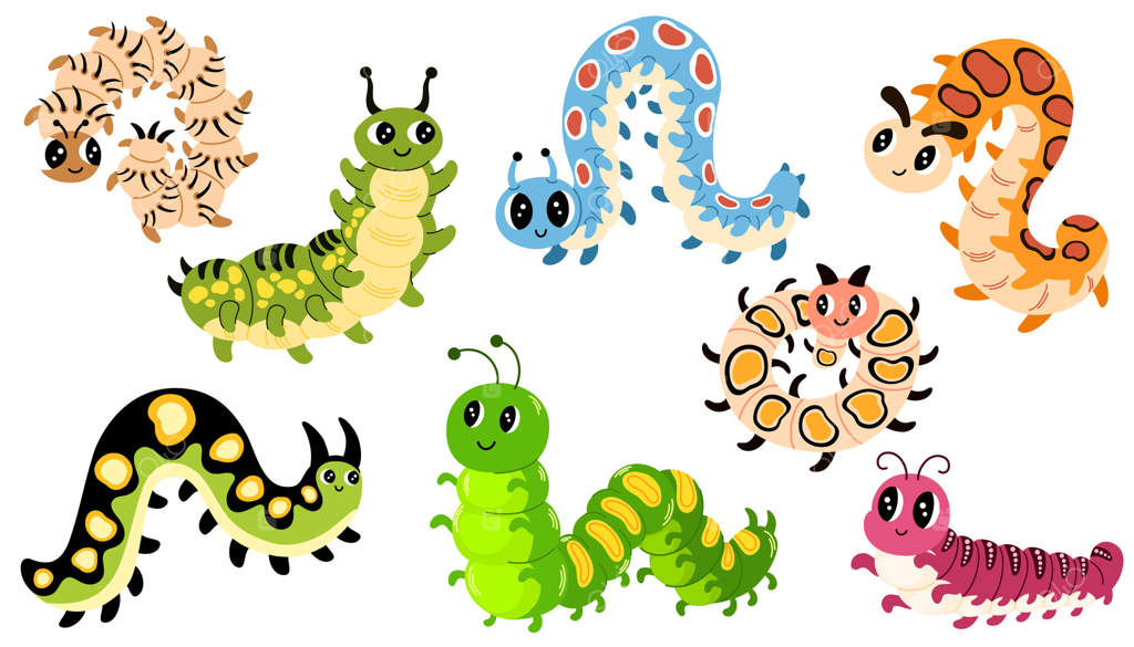 کرم‌ها و هزارپاها: مجموعه‌ای از رنگ‌های بهاری و تابستانی! کرم‌های بامزه در سایه‌های مختلف، در حال حرکت. حشرات خنده‌دار، حیوانات باغ و جنگل. تصویرسازی دستی و تخت.