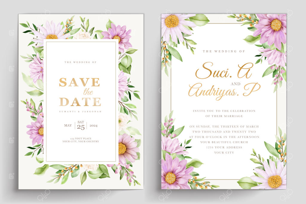 ست کارت دعوت عروسی با طرح گل داوودی آبرنگی