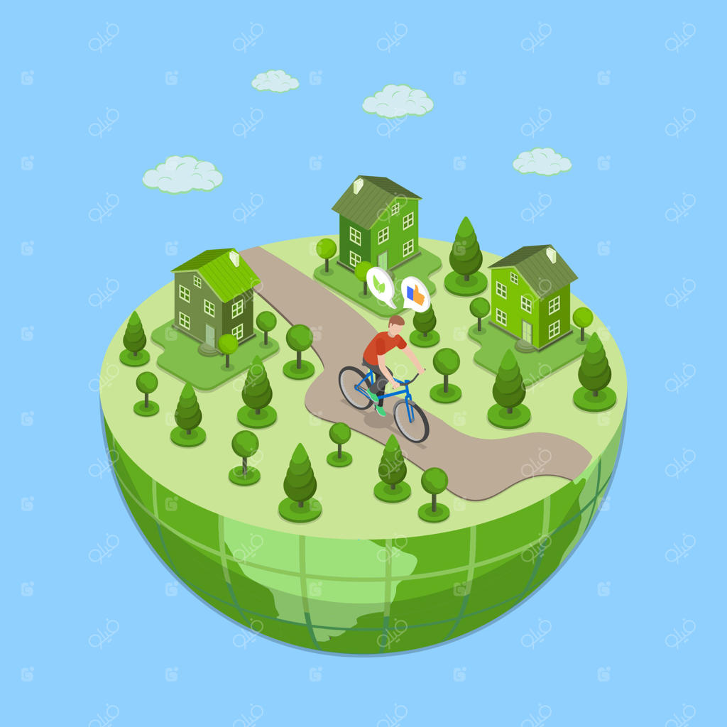 تصویر سه‌بعدی ایزومتریک از اکولوژی زمین و آگاهی از سبک زندگی پایدار