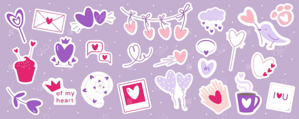 برچسب‌های روز ولنتاین و فصل عشق با بادکنک‌های قلبی، پرنده با گل، پنجه گربه، دست‌های در هم، فنجان، ریسه، فشفشه، حباب گفتگو، ابر، شهاب‌سنگ، نامه، کارت عکس، تاج، و آب‌نبات چوبی