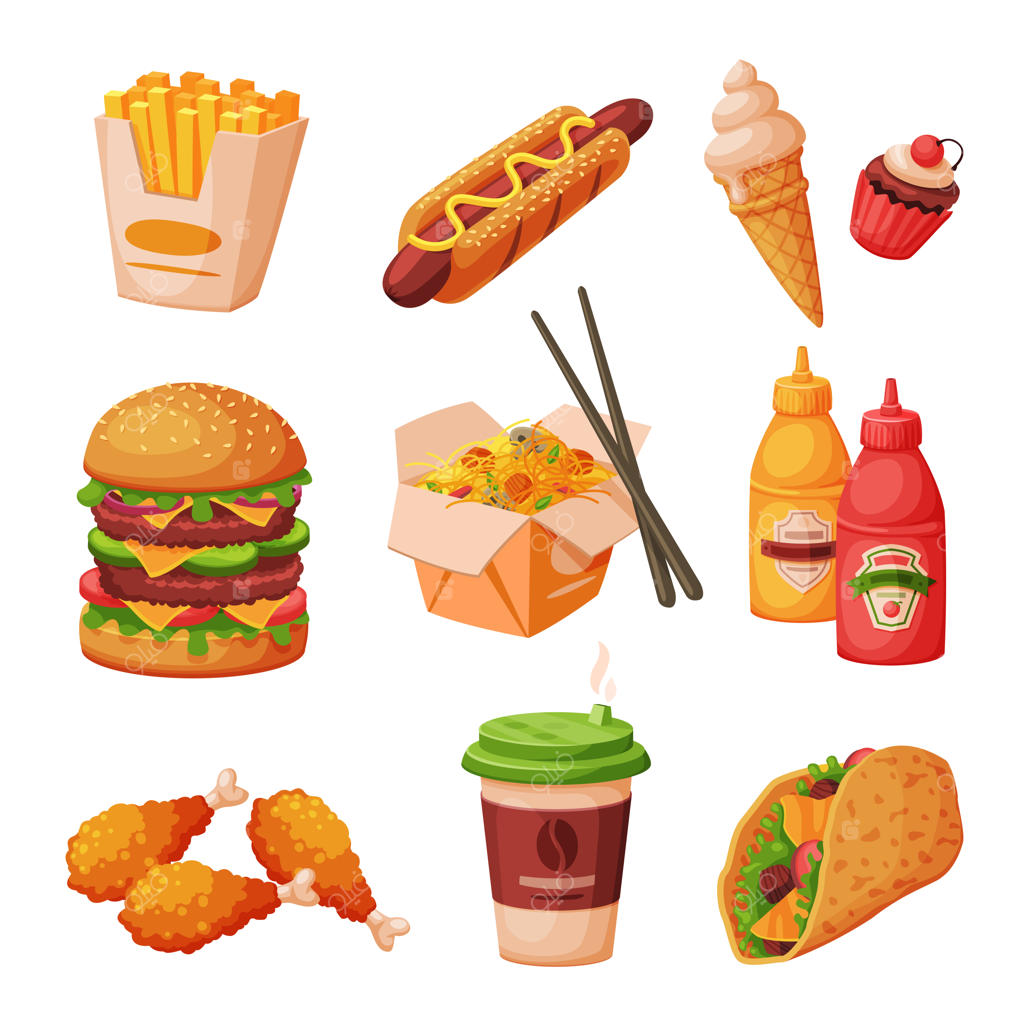 مجموعه وکتور غذاهای فست فود، نوشیدنی و دسر؛ تصویرسازی وعده‌های غذایی ناسالم برای منوی کافه و رستوران