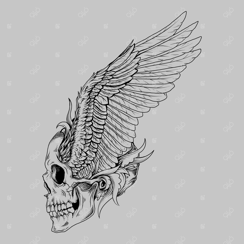 طراحی تاتو و تی‌شرت: تصویر دستی سیاه و سفید جمجمه‌ی انسان و پرنده با بال‌ها