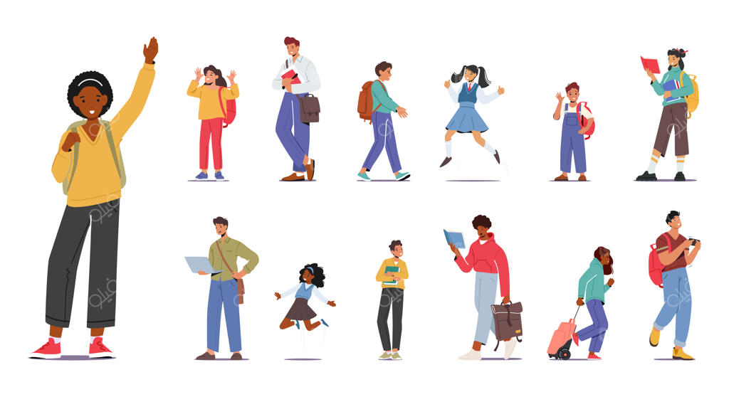 مجموعه وکتور دانش‌آموزان با کوله‌پشتی در حال رفت و آمد سریع بین کلاس‌ها؛ شخصیت‌های کارتونی در حال حمل کتاب و لوازم تحریر با کوله‌هایی در دست یا روی دوش (نماد یادگیری)