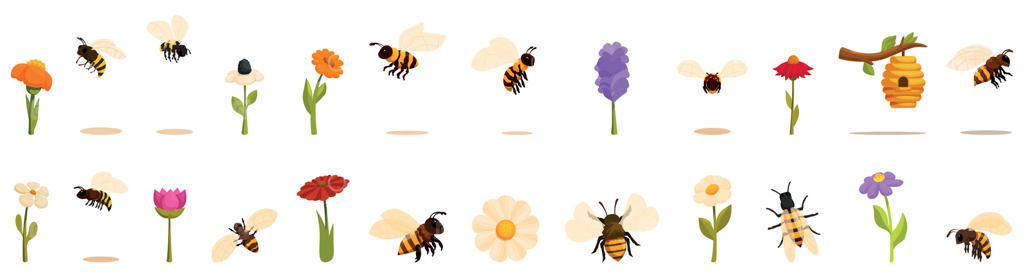 مجموعه آیکون‌های زنبور در حال جمع‌آوری گرده: زنبورها در حال گرده‌افشانی گل‌ها و کندو آویزان از شاخه درخت