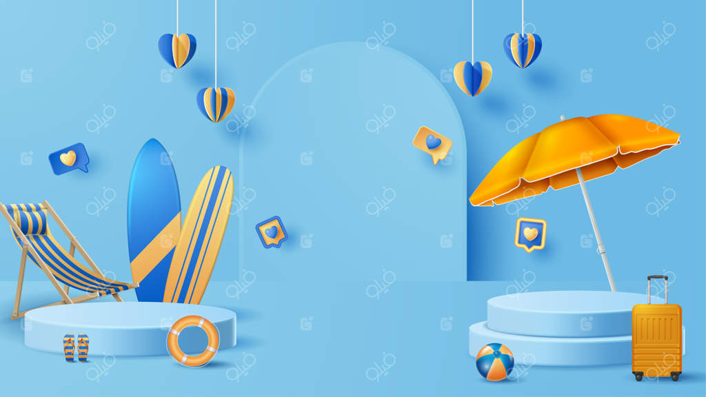 زمینه دکور نمایش تابستانی با تزئینات ساحلی - تصویرسازی سه‌بعدی وانتور
