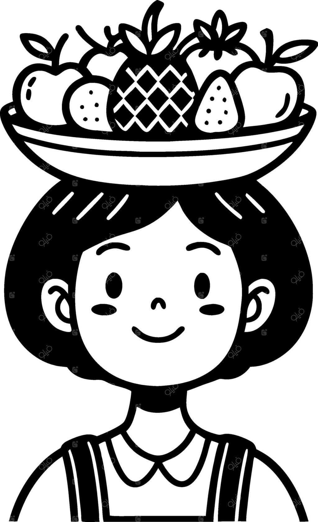 تصویرسازی دختر شاد با کاسه میوه روی سر برای کتاب رنگ‌آمیزی و تتو