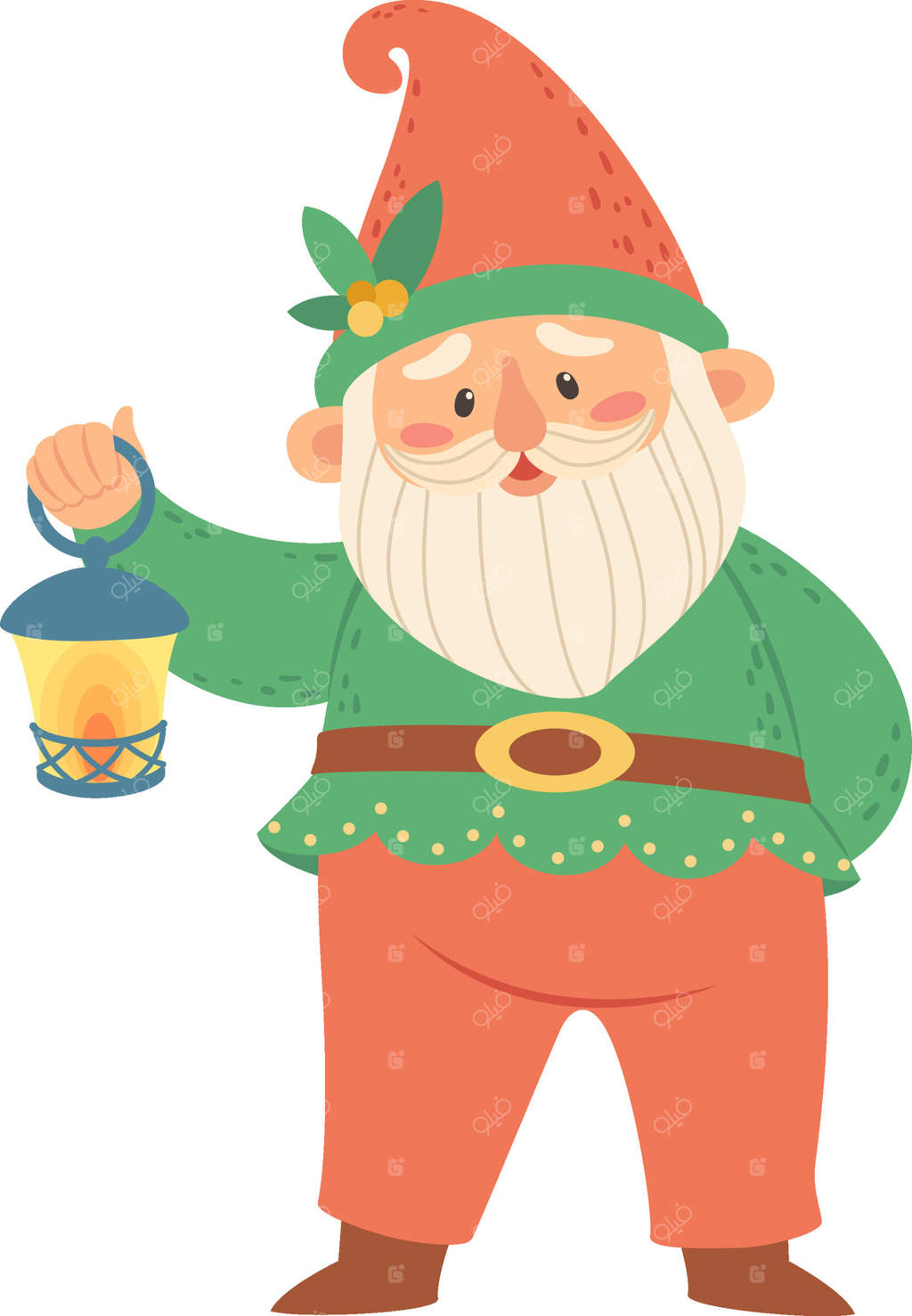 کوتوله بامزه باغ در حالی‌که پیراهن سبز، کمربند قهوه‌ای و شلوار نارنجی به تن دارد و یک فانوس با شمع روشن در دستش است، بر روی پس‌زمینه سفید