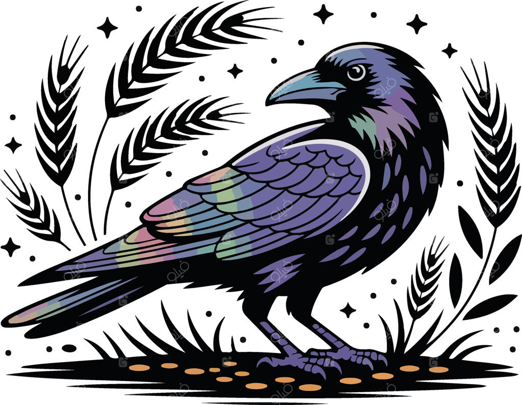 یک کلاغ با گندم و ستاره‌ها بر روی زمینه‌ای سفید