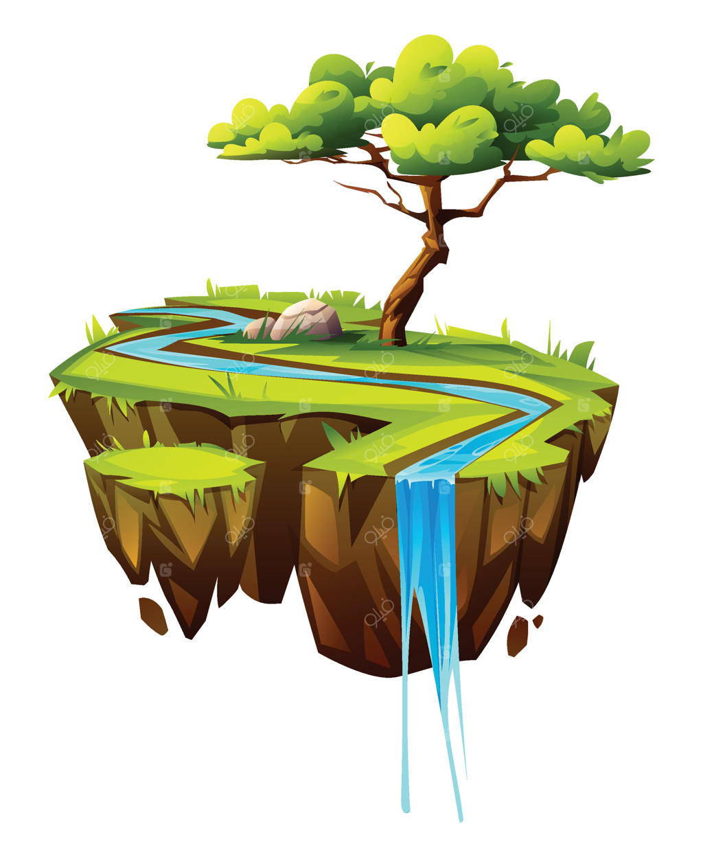 جزیره شناور چمنی با رودخانه پرپیچ و خم و یک درخت تنها - تصویر کارتونی