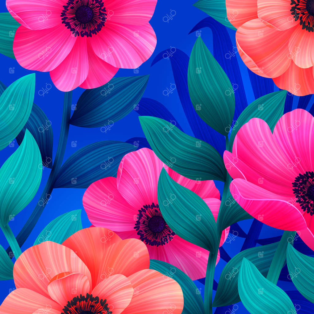 پس‌زمینه‌ی استوایی درخشان با گل‌های صورتی و مرجانی