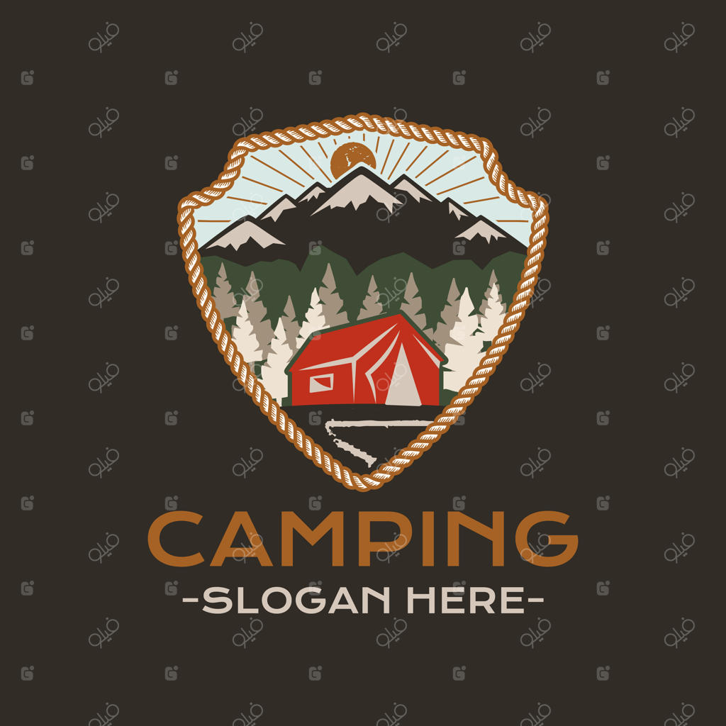 طراحی نشان ماجراجویی کمپینگ با کوه‌ها، چادر و لوگوی سفر - وکتور گرافیکی سهام